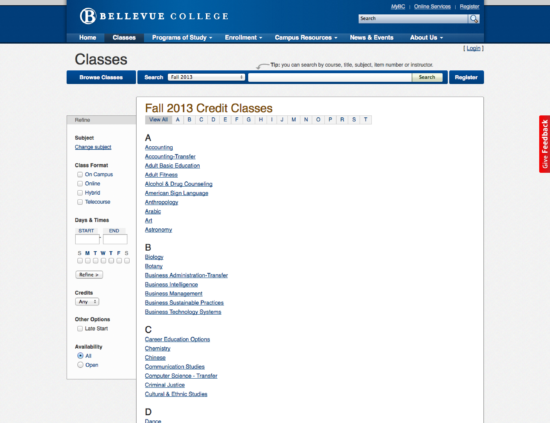 Discipline listings for Fall 2013